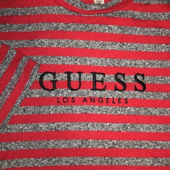 GUESS Originals T-Shirt Medium Red Gray Striped Logo Graphic Short Sleeve Mens - Picture 3 of 10